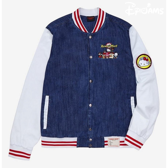 Sanrio Hello Kitty and Friends Kawaii Mart Denim Varsity Jacket Unisex Size L - Picture 1 of 8